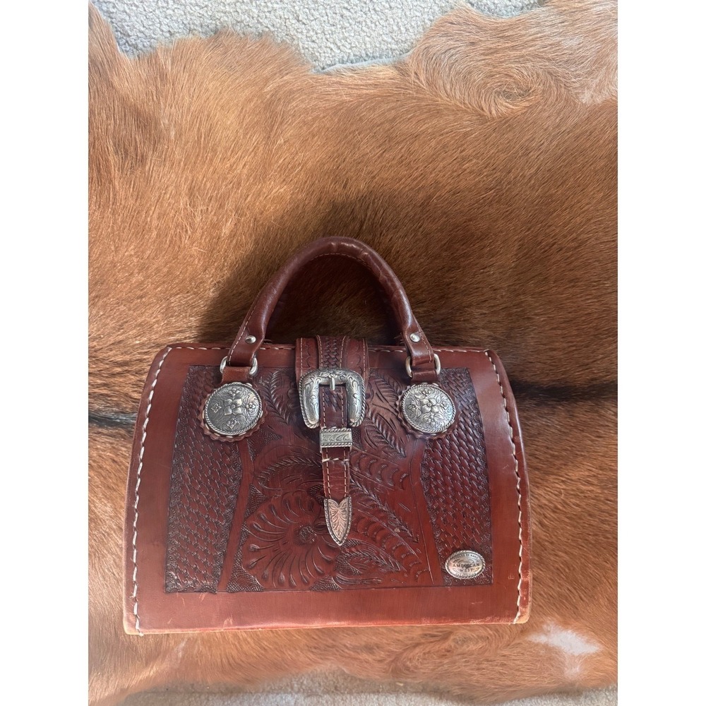 American West Tooled Leather Doctor Bag Brown Floral Concho Satchel No. 65184